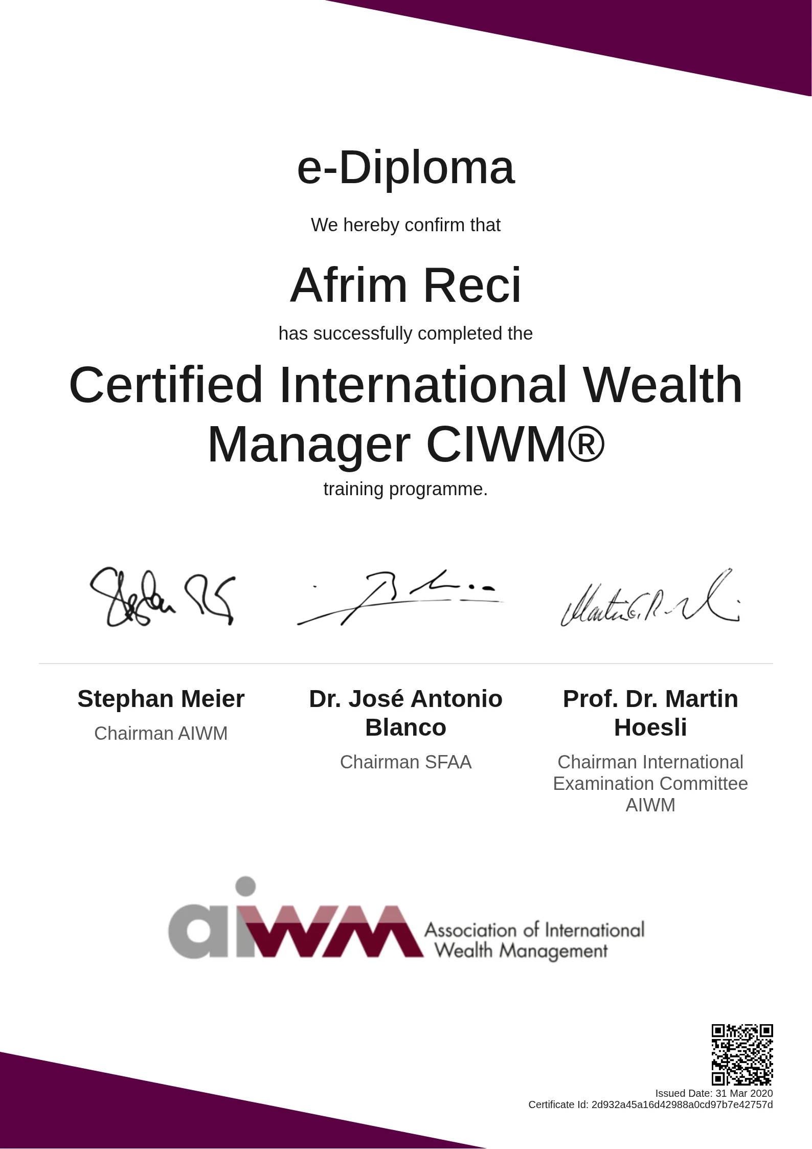  Afrim Reci | Certified International Wealth Manager CIWM®