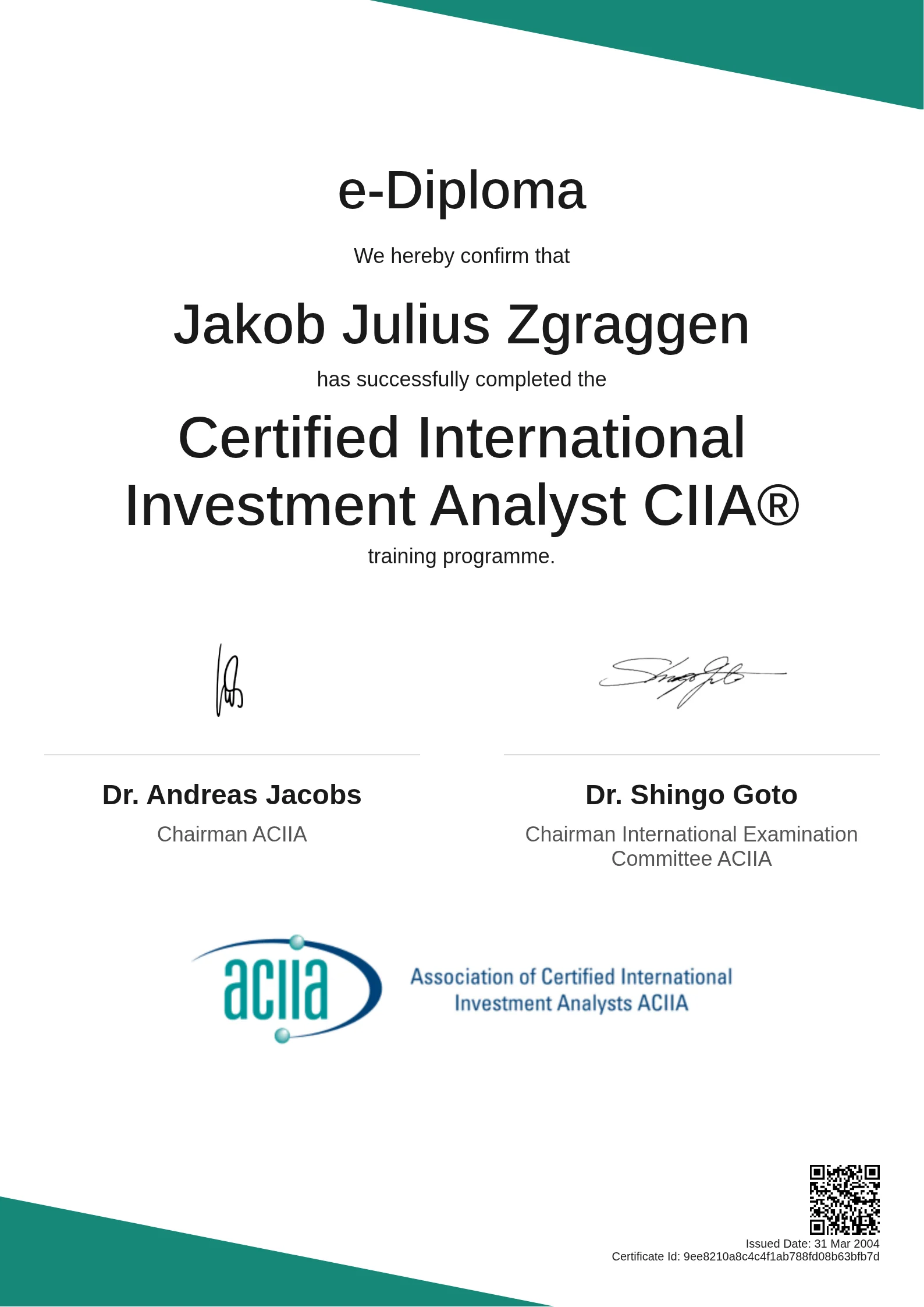 Jakob Julius Zgraggen | Certified International Investment Analyst CIIA®
