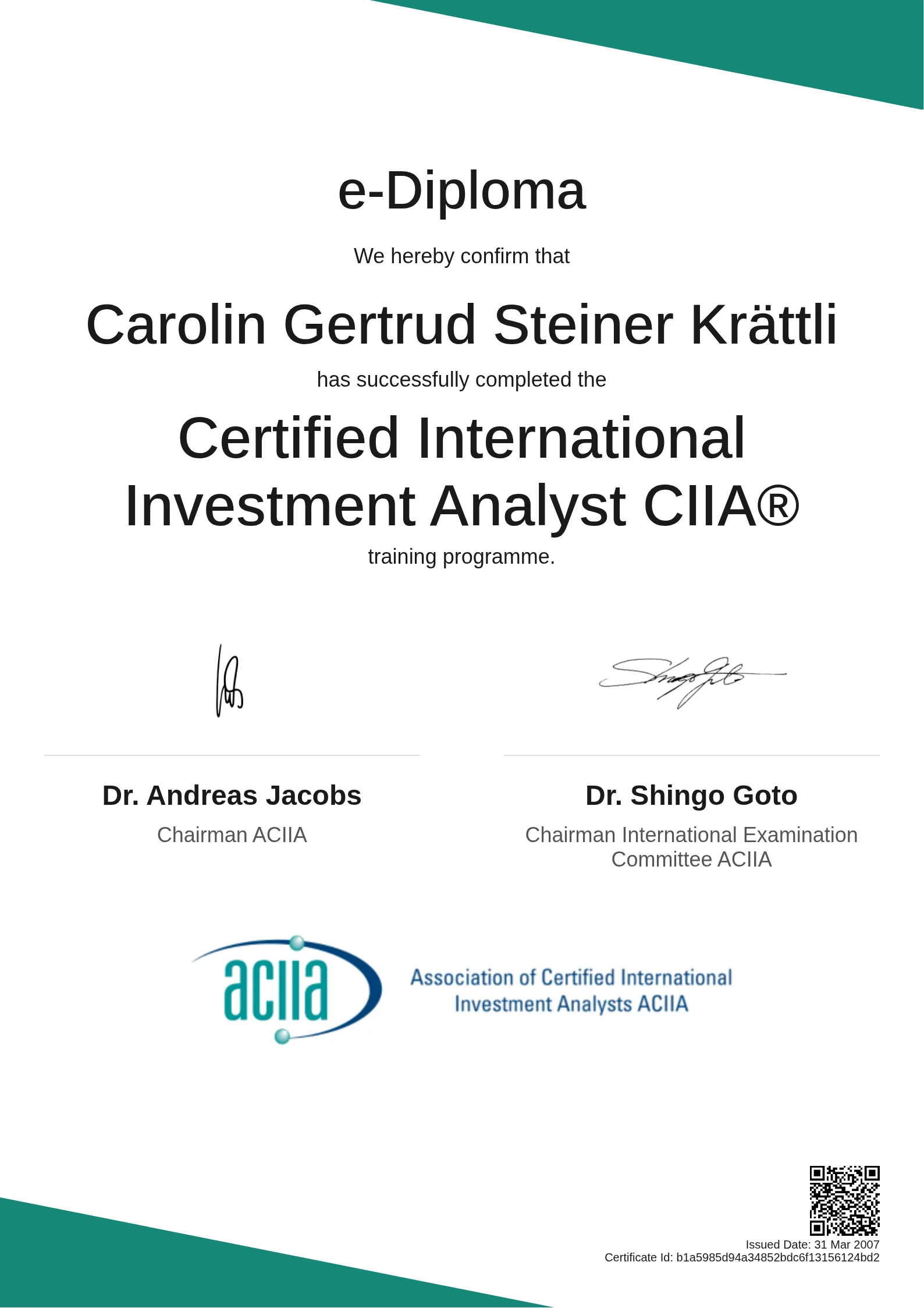  Carolin Gertrud Steiner Krättli | Certified International Investment Analyst CIIA®